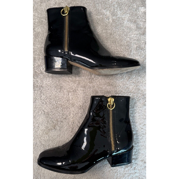Joie Black Patent Leather Square Toe Gold Zip Ankle Boots Womens Size 6 EU 36 - Picture 3 of 7